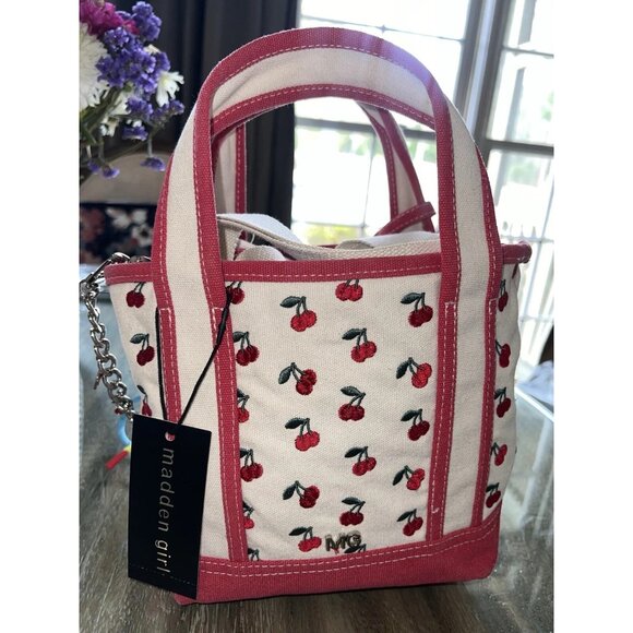 Madden Girl Mini Tote Cherry Fruits Teddy Bear And Cherry Jeweled Keychains - Picture 4 of 6